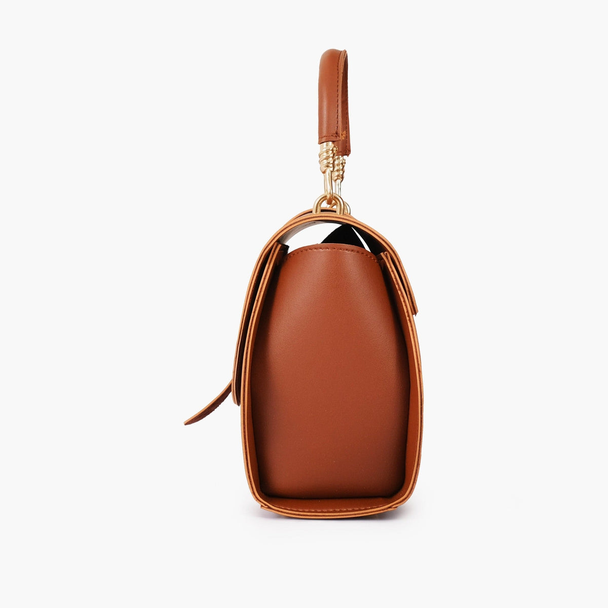 Brown curved top-handle handbag back view