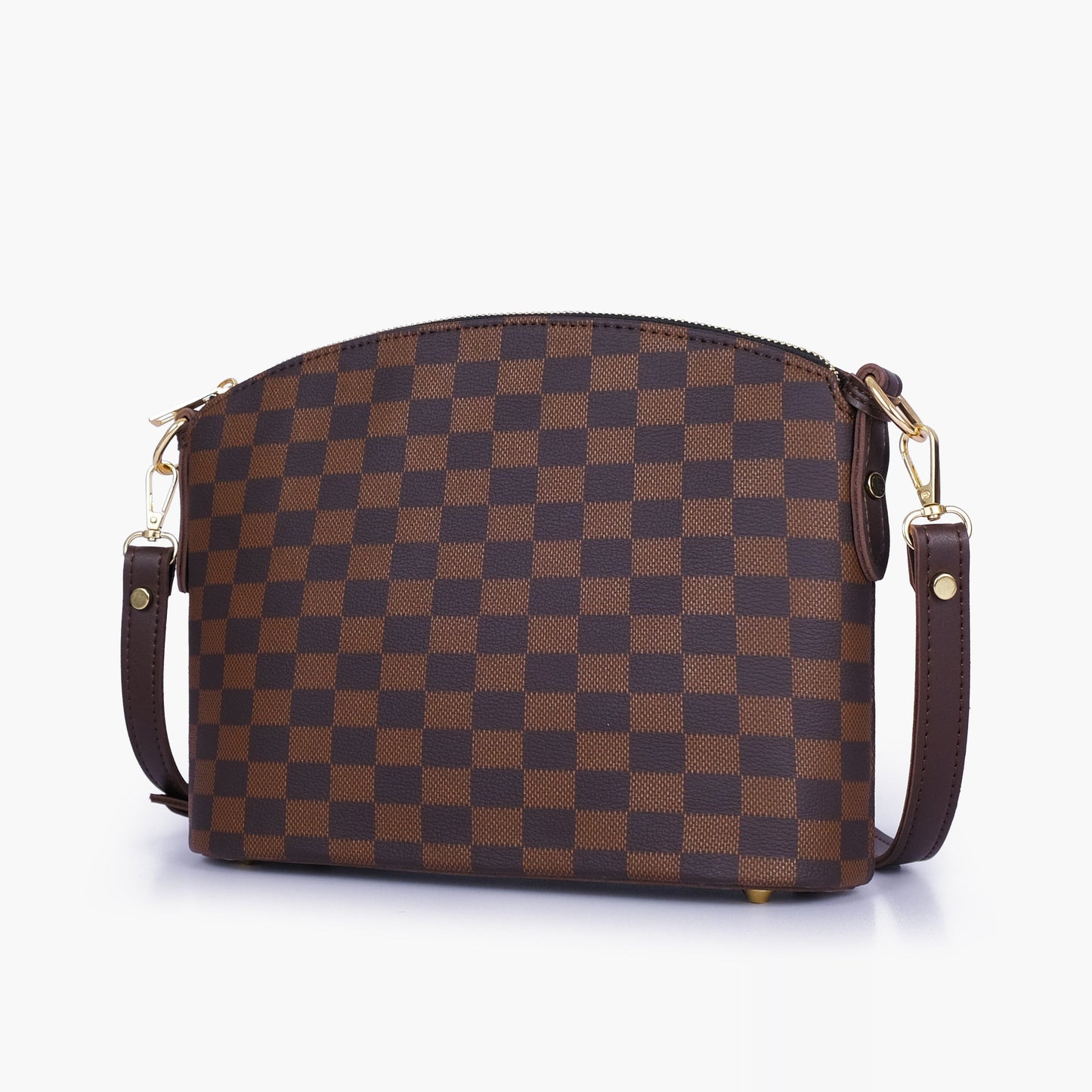 Dark brown checkered dome cross-body bag