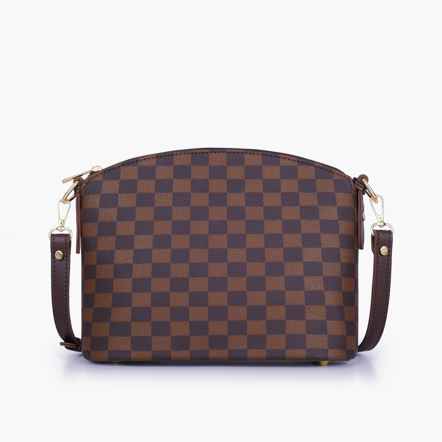 Dark brown checkered dome cross-body bag