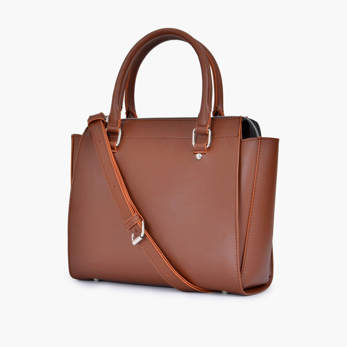 Brown structured tote bag angled view with shoulder strap