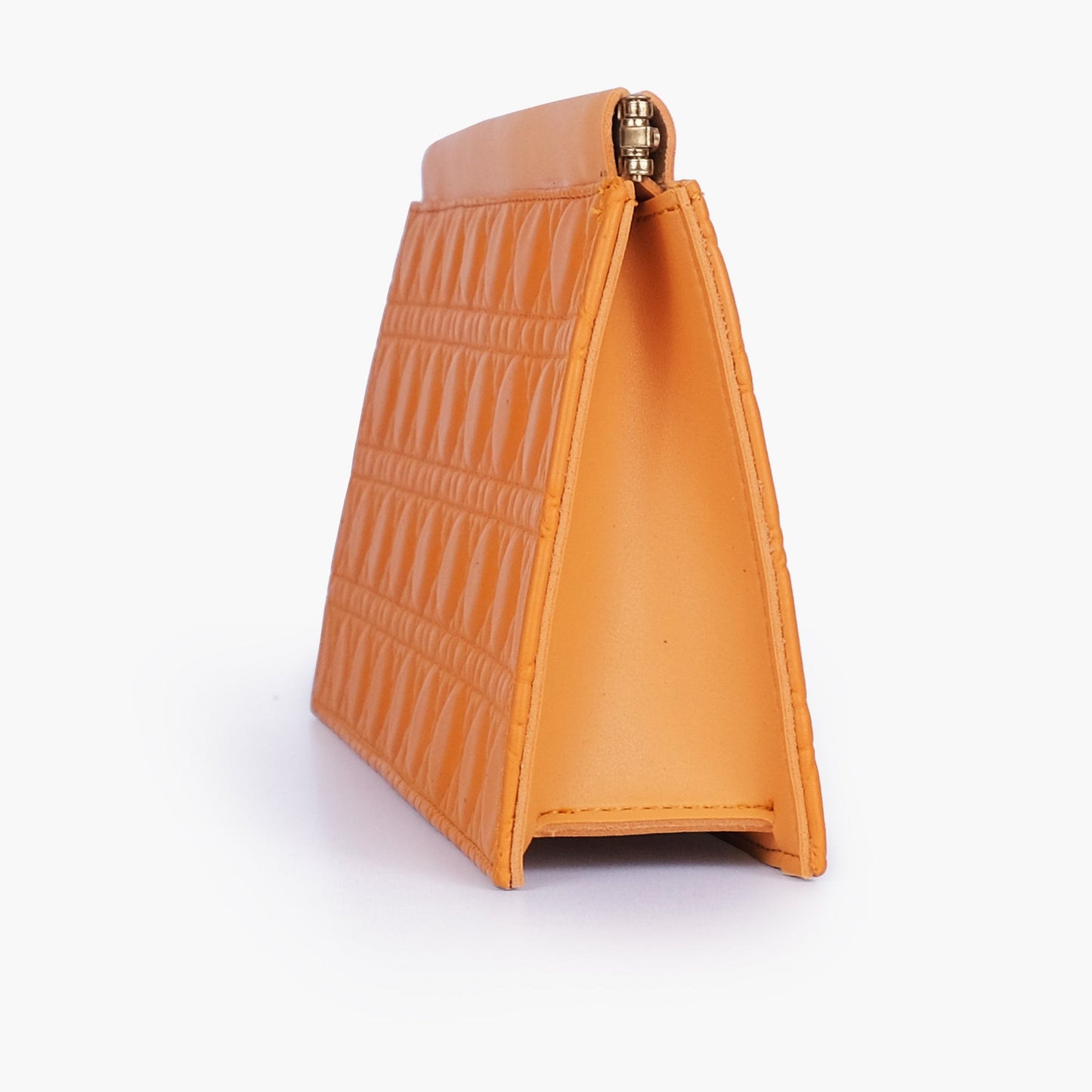 Mustard quilted evening clutch with snap closure