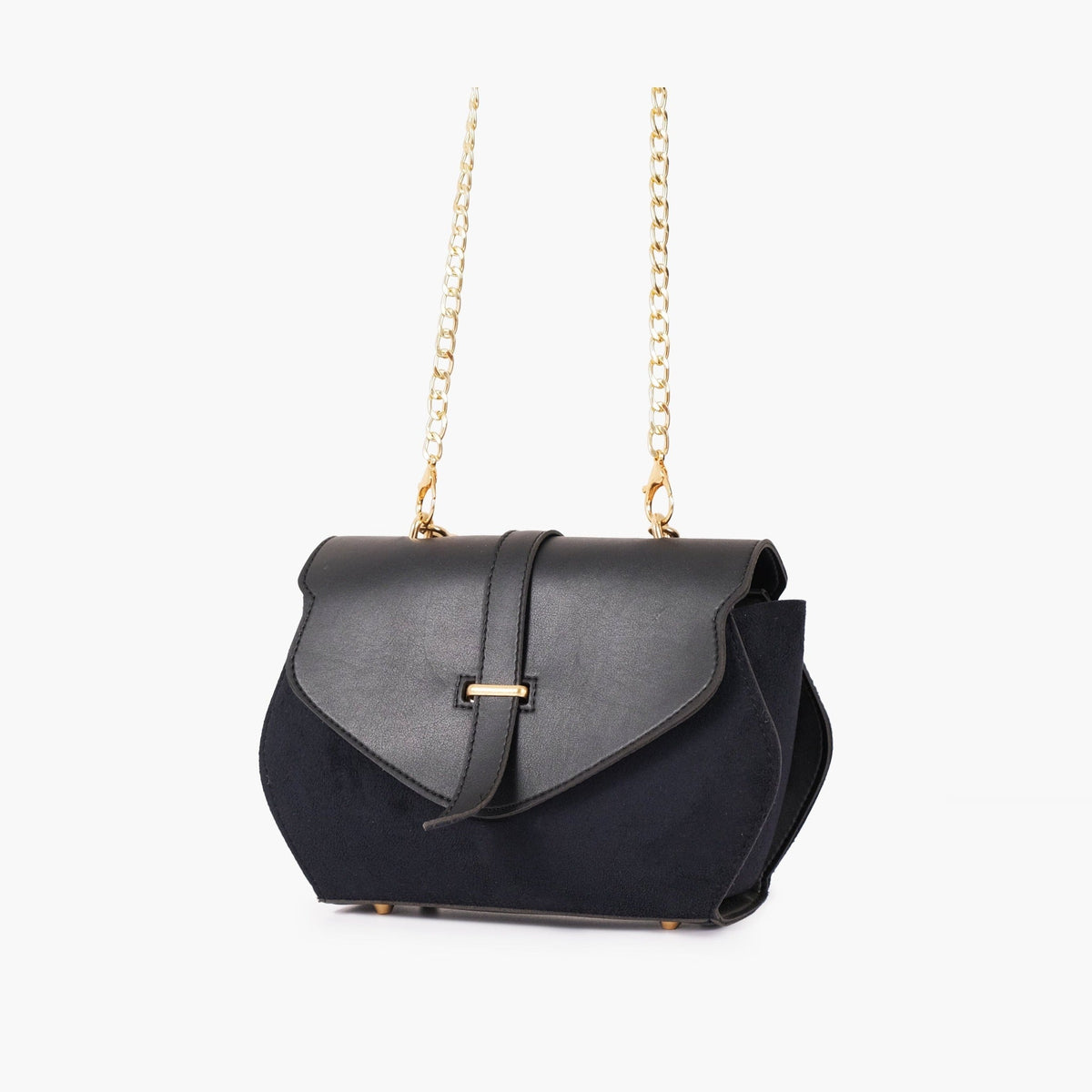 Black suede and leather handbag chain strap view