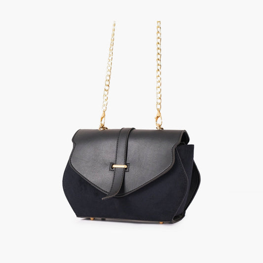 Black suede and leather handbag chain strap view