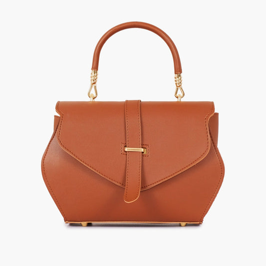 Brown curved top-handle handbag front view