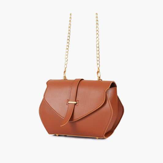 Brown curved top-handle handbag chain strap view