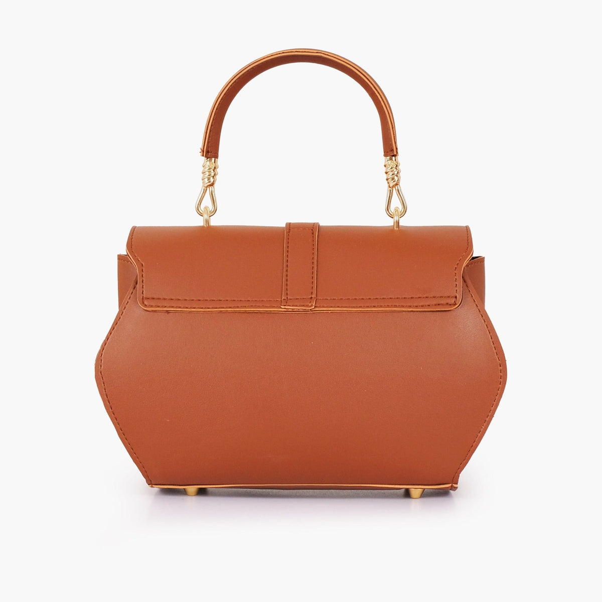 Brown curved top-handle handbag side view